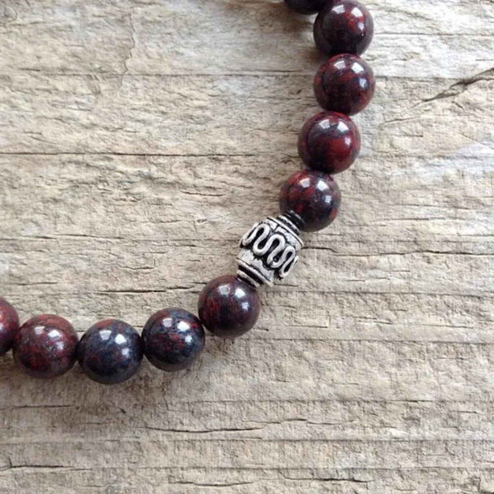 Men's Burgundy Jasper Gemstone Bracelet with Sterling Silver Accent - 8mm Beads